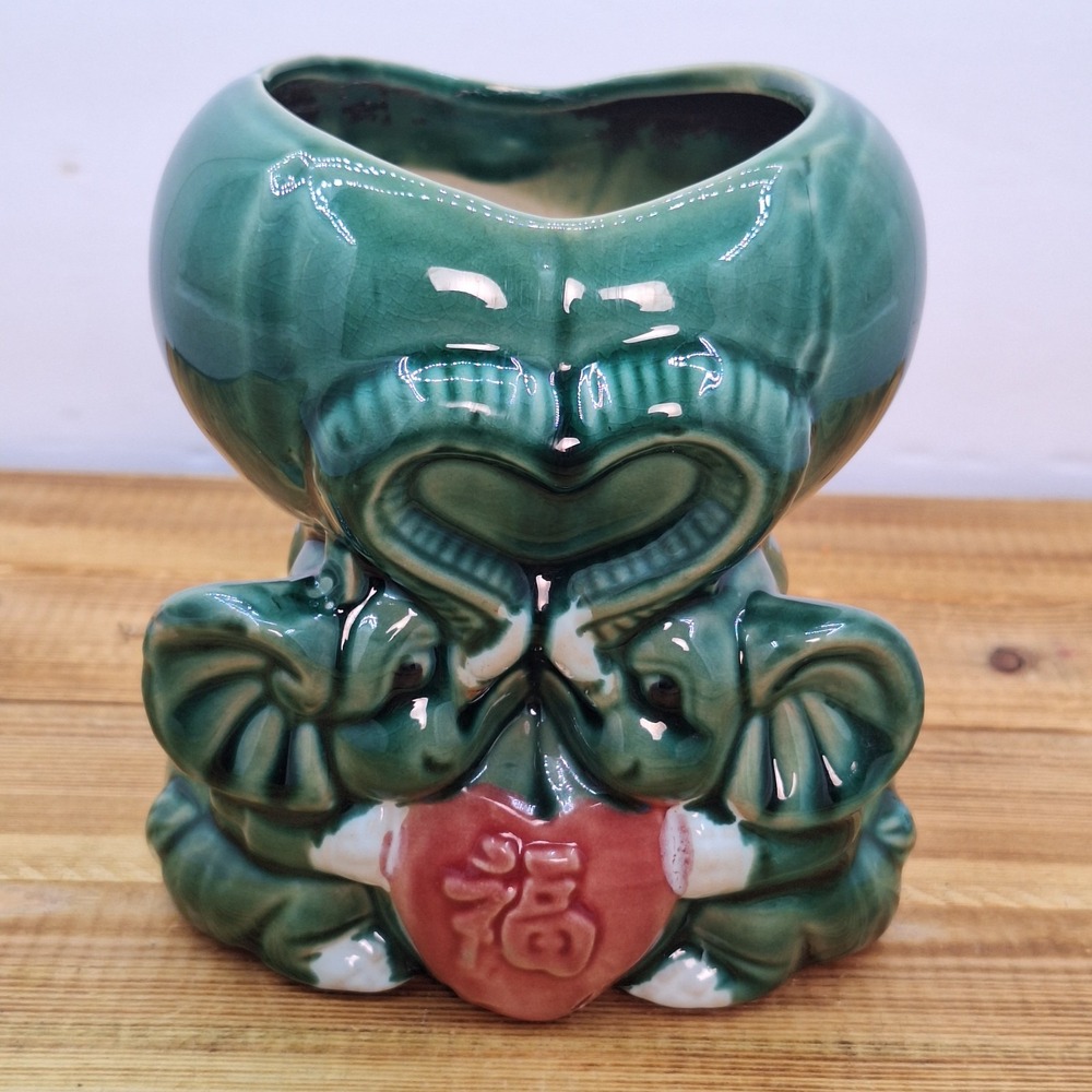 Glazed Green Ceramic Kissing Elephant Planter With Trunks Up In Heart